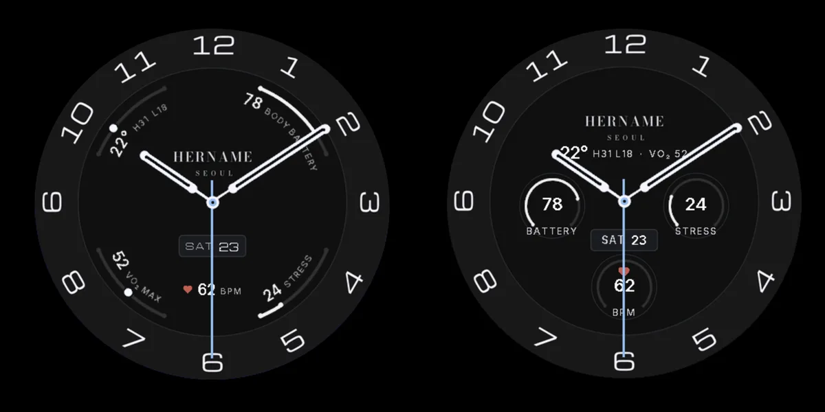 HERNAME and HERNAME CHRONO analog watch faces on a black dial