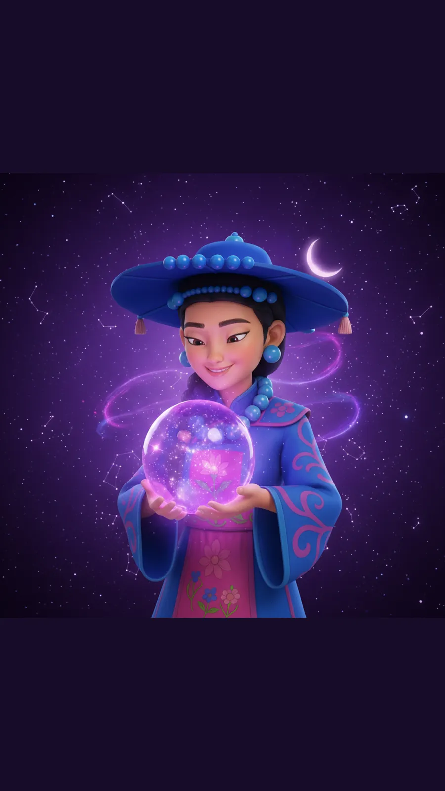 Illustration of a Korean fortune teller holding a glowing orb, from the Unnie Saju app